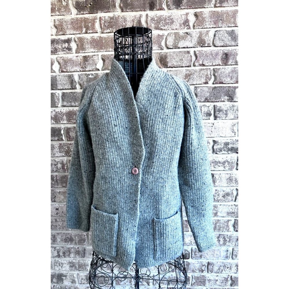 Vintage CG Career Guild Cardigan Sweater Larg 100% Wool Gray Front Button Pocket